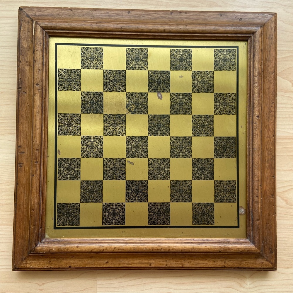 Wood Platform Checkerboard Chess Game 14”x14” Vintage  Brass/Gold Tone and Black